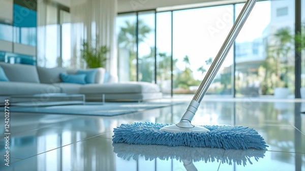 Fototapeta Modern living room with blue microfiber mop cleaning shiny tile floor reflecting natural light from large windows