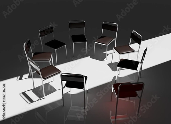 Fototapeta Highly Detailed 3D Render of a Support Group Meeting Setting, Featuring an Intimate Circle of Chairs in a Calm, Minimalistic Environment, Perfect for Concepts of Mental Health and Emotional Support