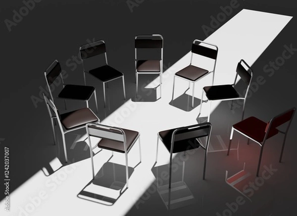 Fototapeta Highly Detailed 3D Render of a Support Group Meeting Setting, Featuring an Intimate Circle of Chairs in a Calm, Minimalistic Environment, Perfect for Concepts of Mental Health and Emotional Support
