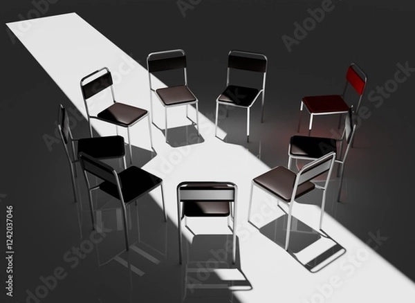 Obraz Highly Detailed 3D Render of a Support Group Meeting Setting, Featuring an Intimate Circle of Chairs in a Calm, Minimalistic Environment, Perfect for Concepts of Mental Health and Emotional Support