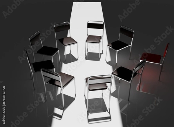 Fototapeta Highly Detailed 3D Render of a Support Group Meeting Setting, Featuring an Intimate Circle of Chairs in a Calm, Minimalistic Environment, Perfect for Concepts of Mental Health and Emotional Support