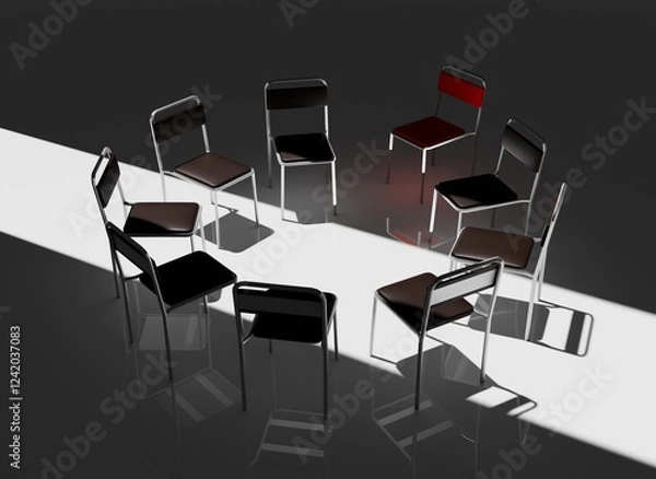 Fototapeta Highly Detailed 3D Render of a Support Group Meeting Setting, Featuring an Intimate Circle of Chairs in a Calm, Minimalistic Environment, Perfect for Concepts of Mental Health and Emotional Support