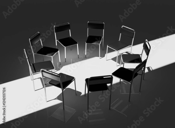 Fototapeta Highly Detailed 3D Render of a Support Group Meeting Setting, Featuring an Intimate Circle of Chairs in a Calm, Minimalistic Environment, Perfect for Concepts of Mental Health and Emotional Support