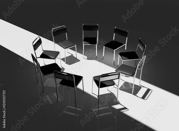 Fototapeta Highly Detailed 3D Render of a Support Group Meeting Setting, Featuring an Intimate Circle of Chairs in a Calm, Minimalistic Environment, Perfect for Concepts of Mental Health and Emotional Support
