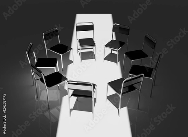 Fototapeta Highly Detailed 3D Render of a Support Group Meeting Setting, Featuring an Intimate Circle of Chairs in a Calm, Minimalistic Environment, Perfect for Concepts of Mental Health and Emotional Support