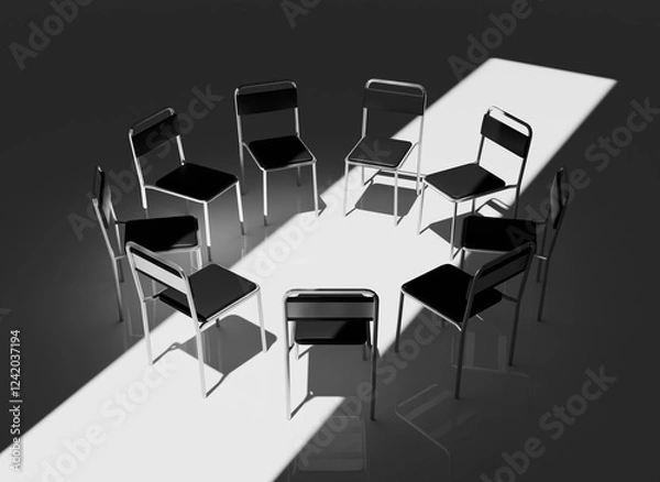Obraz Highly Detailed 3D Render of a Support Group Meeting Setting, Featuring an Intimate Circle of Chairs in a Calm, Minimalistic Environment, Perfect for Concepts of Mental Health and Emotional Support