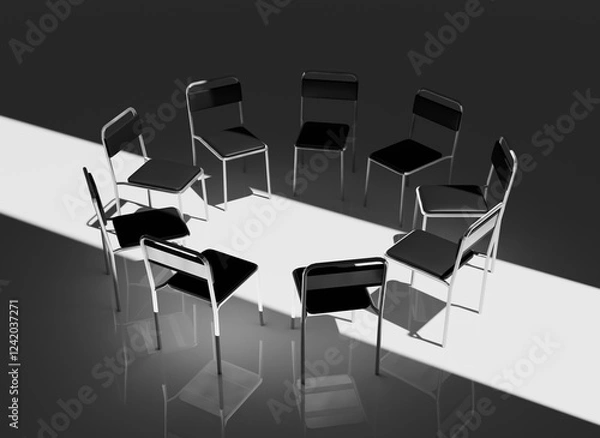 Obraz Highly Detailed 3D Render of a Support Group Meeting Setting, Featuring an Intimate Circle of Chairs in a Calm, Minimalistic Environment, Perfect for Concepts of Mental Health and Emotional Support