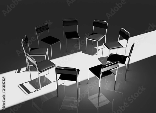 Fototapeta Highly Detailed 3D Render of a Support Group Meeting Setting, Featuring an Intimate Circle of Chairs in a Calm, Minimalistic Environment, Perfect for Concepts of Mental Health and Emotional Support