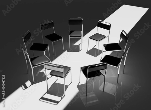 Fototapeta Highly Detailed 3D Render of a Support Group Meeting Setting, Featuring an Intimate Circle of Chairs in a Calm, Minimalistic Environment, Perfect for Concepts of Mental Health and Emotional Support
