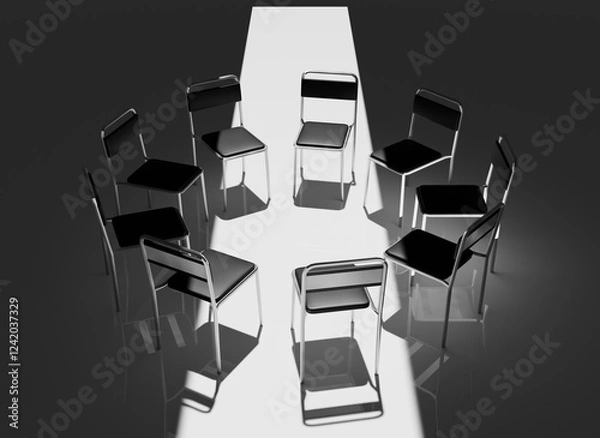 Fototapeta Highly Detailed 3D Render of a Support Group Meeting Setting, Featuring an Intimate Circle of Chairs in a Calm, Minimalistic Environment, Perfect for Concepts of Mental Health and Emotional Support
