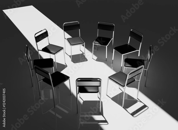 Fototapeta Highly Detailed 3D Render of a Support Group Meeting Setting, Featuring an Intimate Circle of Chairs in a Calm, Minimalistic Environment, Perfect for Concepts of Mental Health and Emotional Support