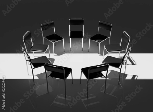 Fototapeta Highly Detailed 3D Render of a Support Group Meeting Setting, Featuring an Intimate Circle of Chairs in a Calm, Minimalistic Environment, Perfect for Concepts of Mental Health and Emotional Support