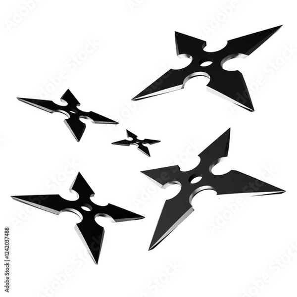 Fototapeta 3D Illustration of a Ninja Shuriken –Realistic depiction of a traditional throwing star with sharp blades, metallic texture, and detailed design, perfect for digital art projects, graphics, and poster