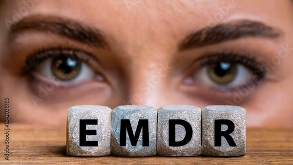 Obraz Eye Movement Desensitization and Reprocessing Psychotherapy Treatment concept. Letters EMDR written on grey cubes. Close up-view of woman's face with a focused look behind.