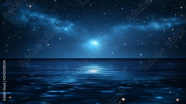 Fototapeta A serene night scene featuring a tranquil ocean under a starry sky.