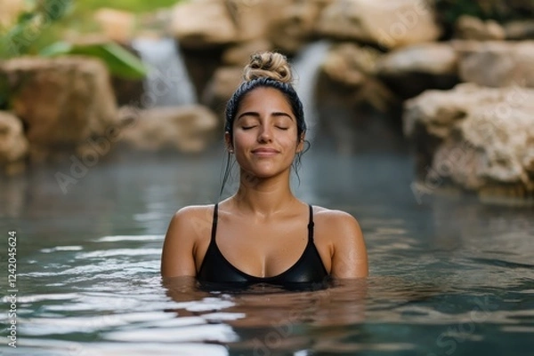 Fototapeta A serene woman enjoying a peaceful moment in tranquil mountain waters, embodying relaxation and mindfulness, surrounded by the beauty of nature.