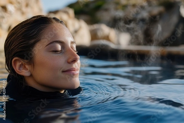 Fototapeta A woman enjoys a peaceful moment in a shimmering hot spring, surrounded by nature, highlighting the theme of tranquility and self-care in a stunning natural environment.