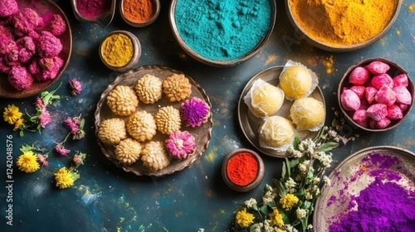 Fototapeta  Table Set with Holi Sweets, Surrounded by Gulal Powders, Colorful Flowers, and Festive Decorations
