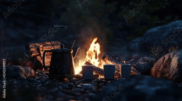 Fototapeta Glowing campfire illuminates the dusk with warmth and tranquility in a serene outdoor setting