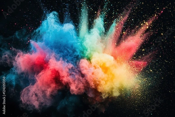 Fototapeta  Explosion of Colorful Powder in Mid-Air Creating a Vibrant Cloud of Red, Blue, Yellow, and Green Against a Black Background
