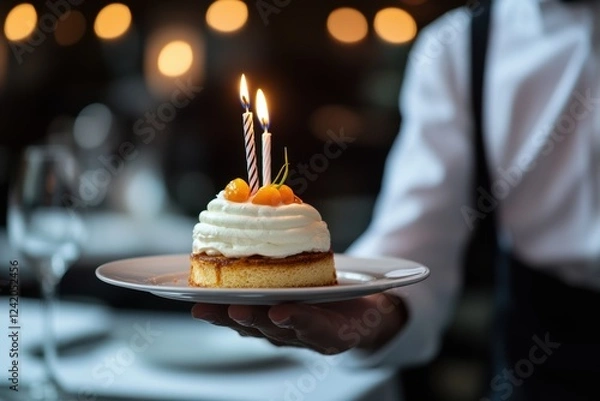 Obraz Waiter delivering a birthday dessert with candle to a guest in a cozy dining setting for a special celebration