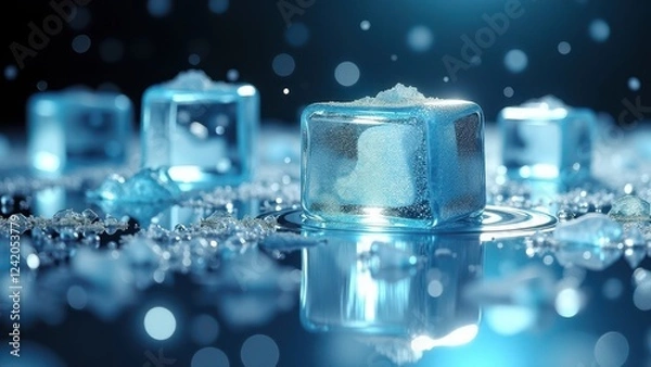 Fototapeta Fresh ice cubes melting on a reflective surface with water droplets	