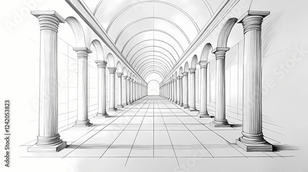 Obraz A linear perspective drawing of an arched corridor with columns and a vanishing point. Perspective Depth Techniques. Illustration