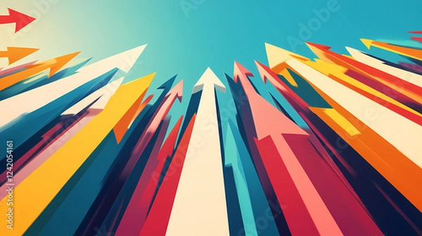 Fototapeta Abstract landscape of colorful growth arrows in dynamic perspective. Perspective Depth Techniques. Illustration