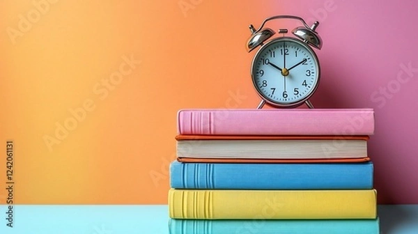 Fototapeta Colorful stack of books with an alarm clock against a gradient background, symbolizing study time