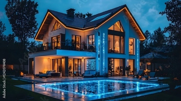 Fototapeta Luxurious AI powered Smart Home with Energy Efficient Architectural Design and Illuminated Pool at