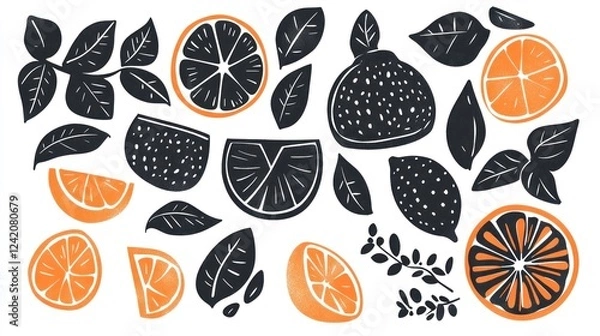 Fototapeta Citrus fruits, leaves, design elements; white background; food, recipe illustration