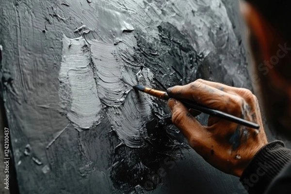 Fototapeta Close-up of an artist's hand applying thick, textured grey and black paint to a canvas.