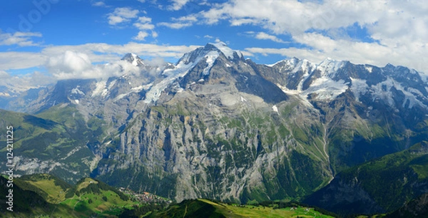 Fototapeta Panorama view of the famous peaks: Eiger, Monch and Jungfrau of