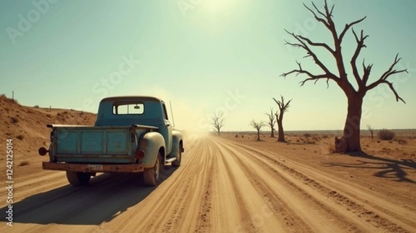 Fototapeta A Truck Driving Down a Dirt Road in the Middle of the Desert - Generative AI