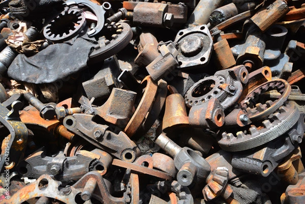 Obraz Pile of old motor parts scrap metal for recycling