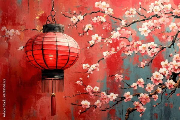 Obraz Red Chinese lantern hanging amidst a vibrant cherry blossom painting, creating a serene and festive atmosphere.