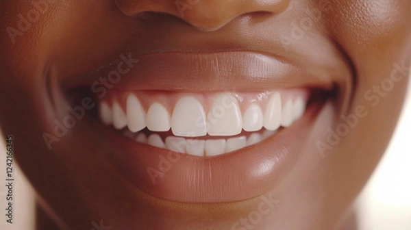 Obraz Close-up of beautiful white teeth with perfect and smooth edges, a slightly open mouth, a soft smile,  video still.