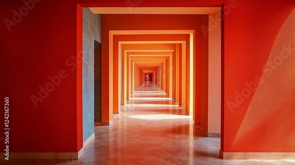 Fototapeta Vibrant orange corridor with repeating arches leading to a distant light, showcasing architectural design