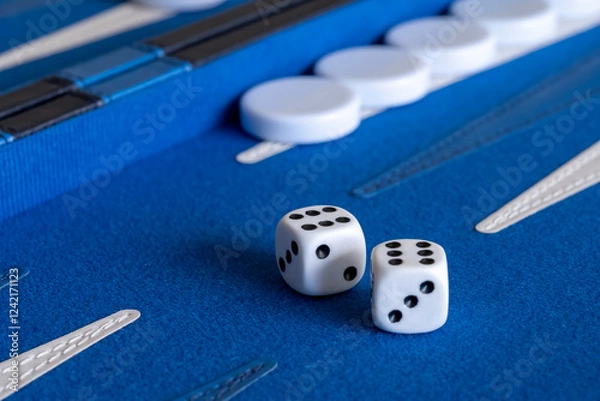 Obraz White dices on a blue backgammon board