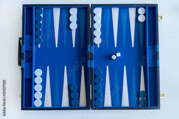 Obraz Blue Backgammon board on a white table