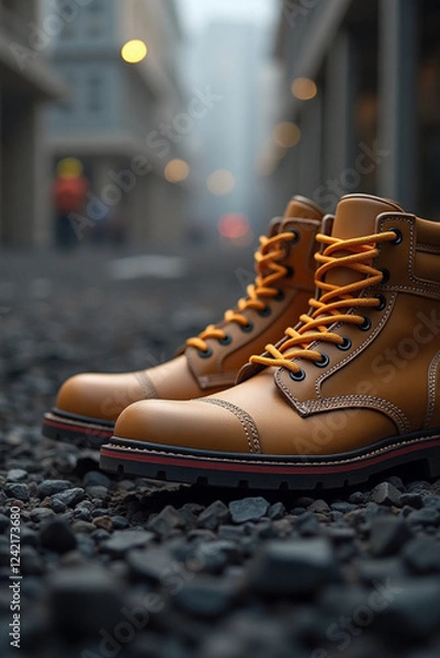 Fototapeta Manufacturing worker tying the shoelaces on his work bootsindustry