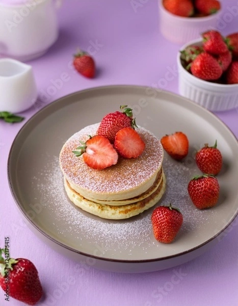 Fototapeta ふんわりとした苺のスフレパンケーキが、淡いラベンダー背景で引き立つ上品で柔らかな春の雰囲気
