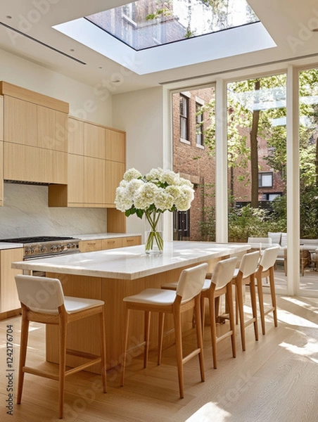 Fototapeta Sunlit kitchen with wooden cabinetry and a large island, adorned with white flowers, surrounded by tall windows and a view of leafy trees.