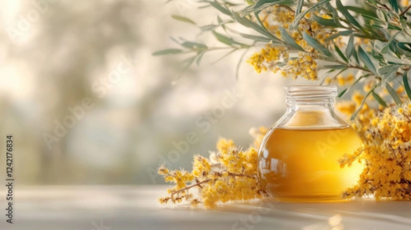 Fototapeta Golden oil bottle surrounded by delicate yellow blooms of sweet osmanthus and greenery, basking in soft sunlight for a natural, fresh vibe.