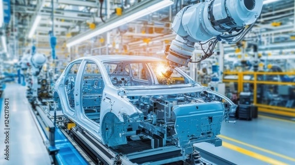 Fototapeta Advanced Robotic Arm Assembling Car Frame in Modern Factory Setting