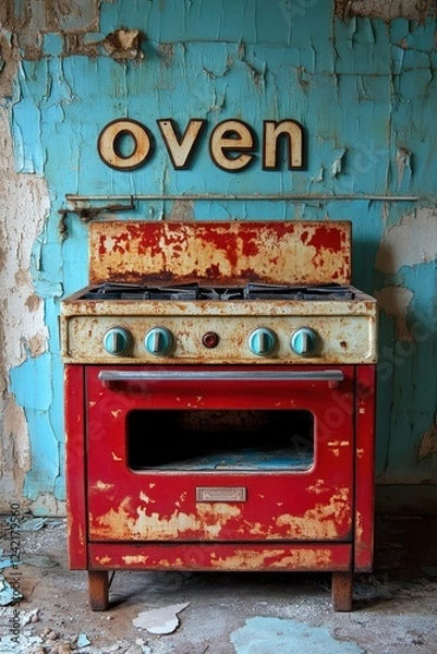Fototapeta A Rustic, Vintage Red Oven Set Against a Distressed Teal Wall with Peeling Paint in an Abandoned Kitchen, Evoking Nostalgia and History
