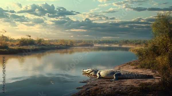 Fototapeta Crocodile Basking on Riverbank with Broad Water and Lush Natural Environment