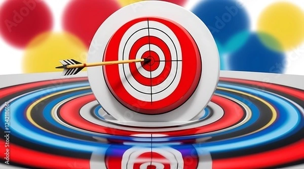 Fototapeta Conceptual image of a bullseye target with an arrow perfectly hitting the center, representing business success, goal achievement, and strategic thinking with a dynamic bokeh background

