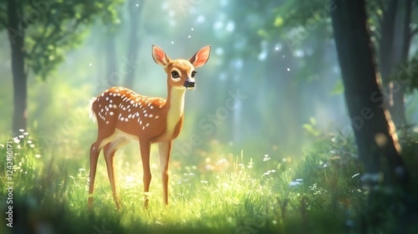 Fototapeta Curious Deer in Forest Clearing with Vibrant Green Trees and Natural Setting