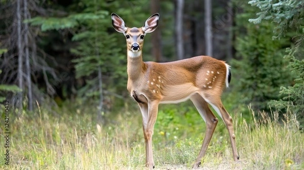 Fototapeta Curious Deer in Forest Clearing with Tall Trees and Lush Natural Background